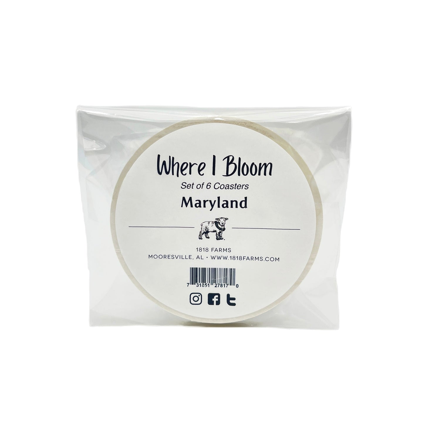 Maryland Themed Coasters (Set of 6) - "Where I Bloom" Collection Coaster 1818 Farms