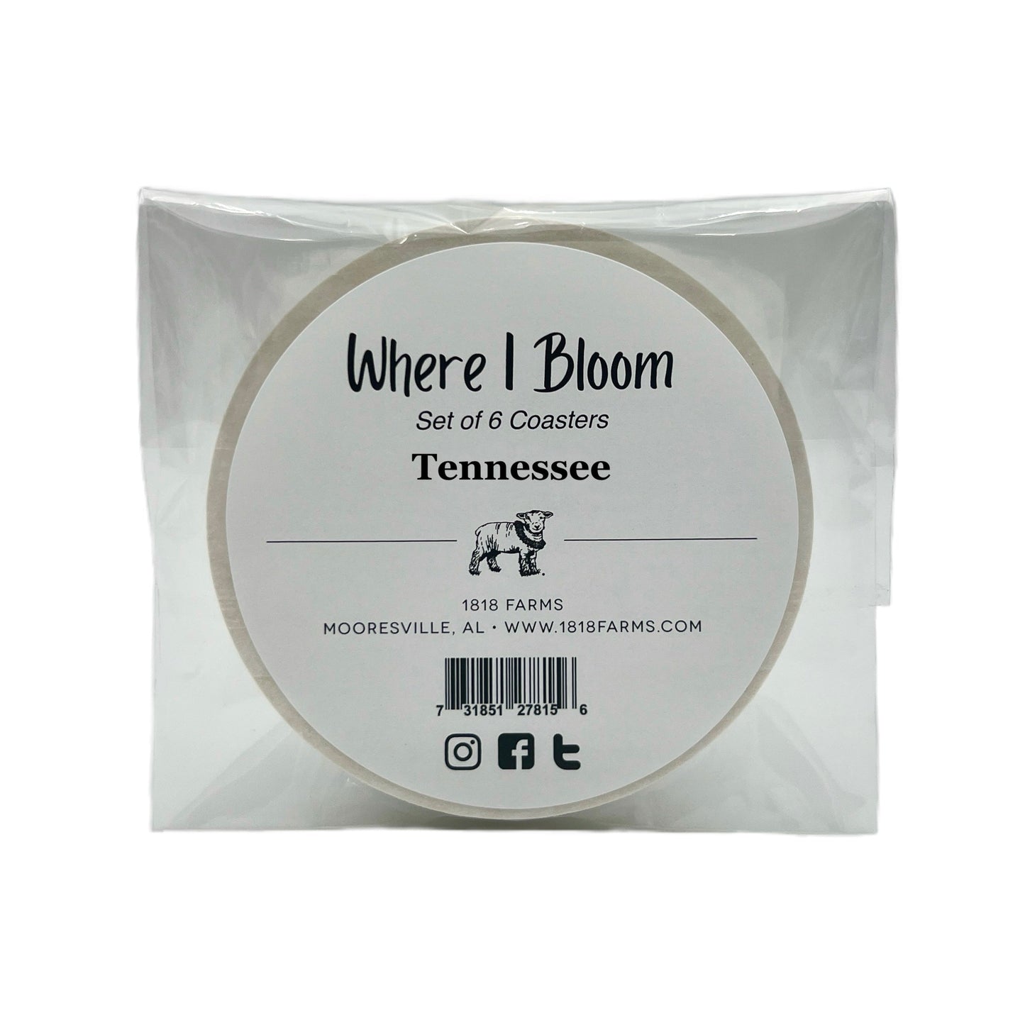 Tennessee Themed Coasters (Set of 6) - "Where I Bloom" Collection Coaster 1818 Farms
