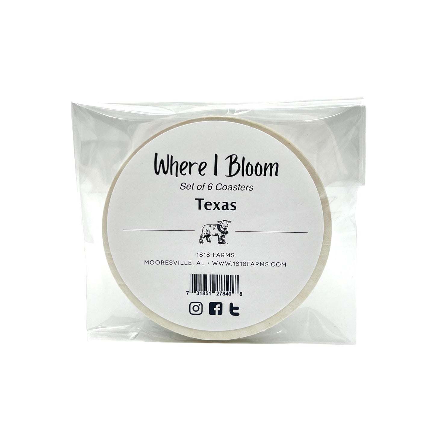 Texas Themed Coasters (Set of 6) - "Where I Bloom" Collection Coaster 1818 Farms