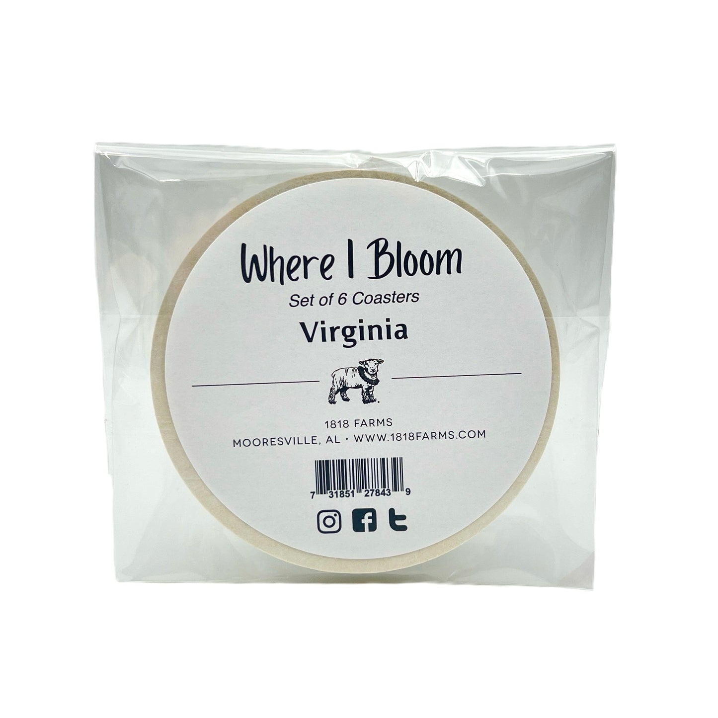 Virginia Themed Coasters (Set of 6) - "Where I Bloom" Collection Coaster 1818 Farms