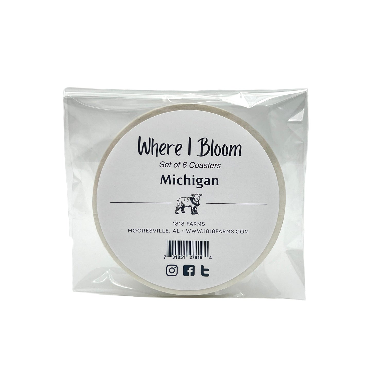 Michigan Themed Coasters (Set of 6) - "Where I Bloom" Collection Coaster 1818 Farms