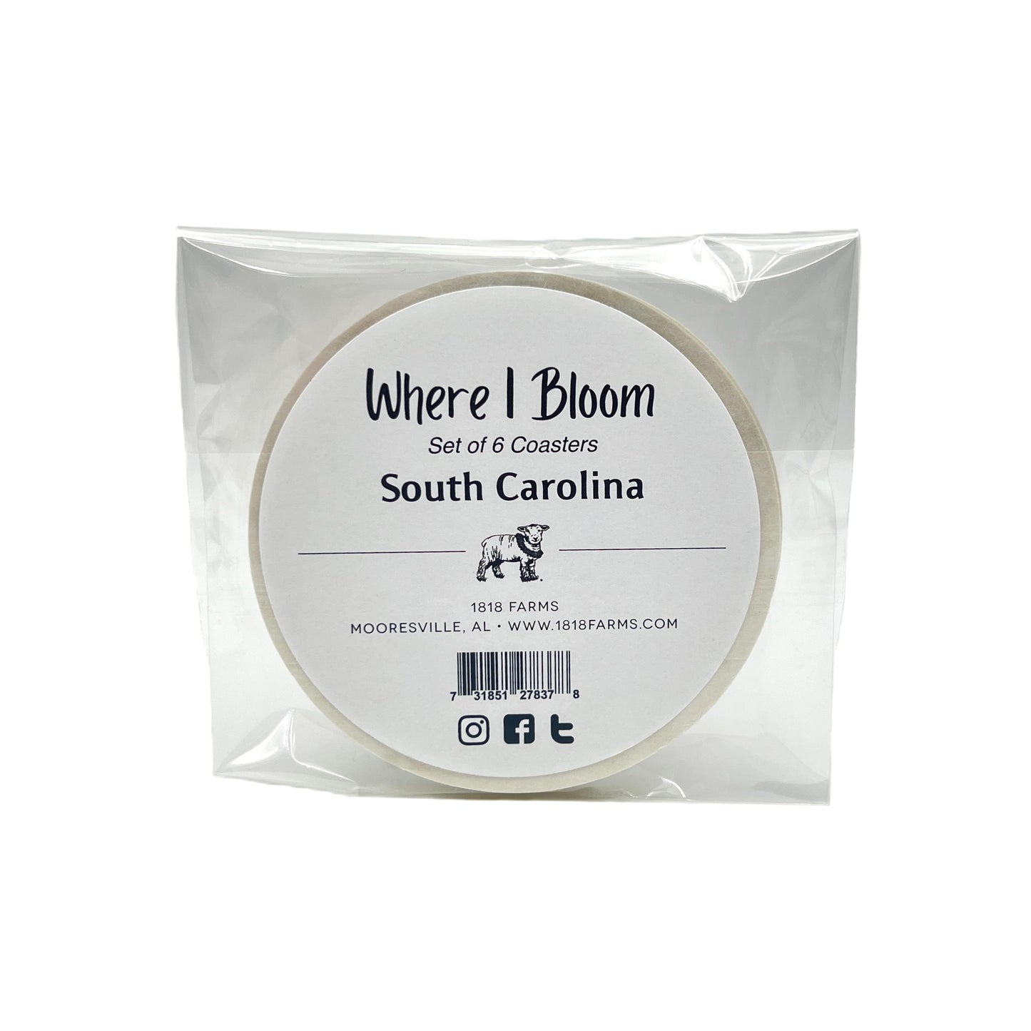 South Carolina Themed Coasters (Set of 6) - "Where I Bloom" Collection Coaster 1818 Farms