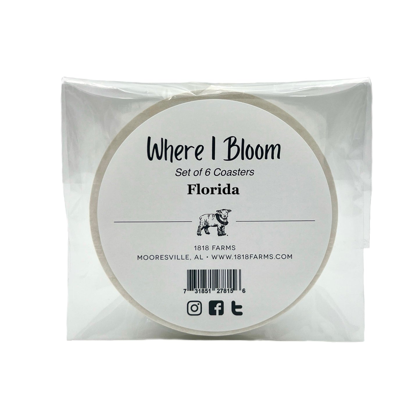 Florida Themed Coasters (Set of 6) - "Where I Bloom" Collection Coaster 1818 Farms