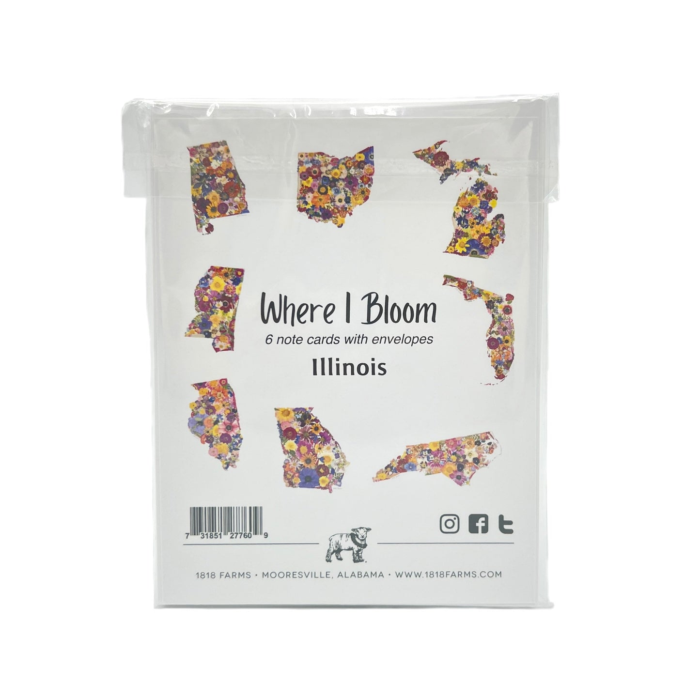 Illinois Themed Notecards (Set of 6) - "Where I Bloom" Collection Notecard 1818 Farms