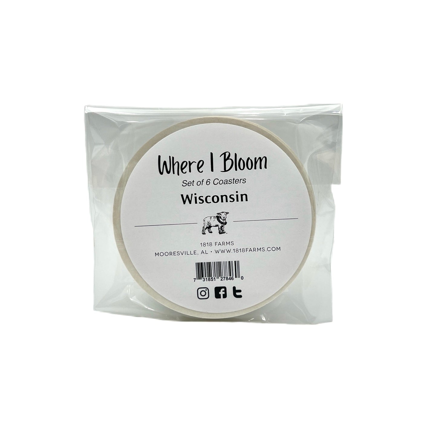 Wisconsin Themed Coasters (Set of 6) - "Where I Bloom" Collection Coaster 1818 Farms