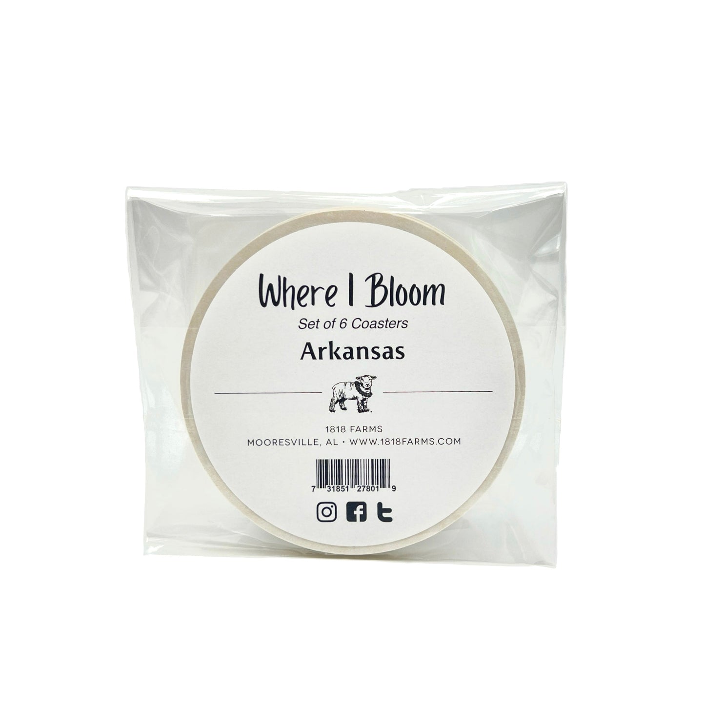 Arkansas Themed Coasters (Set of 6) - "Where I Bloom" Collection Coaster 1818 Farms