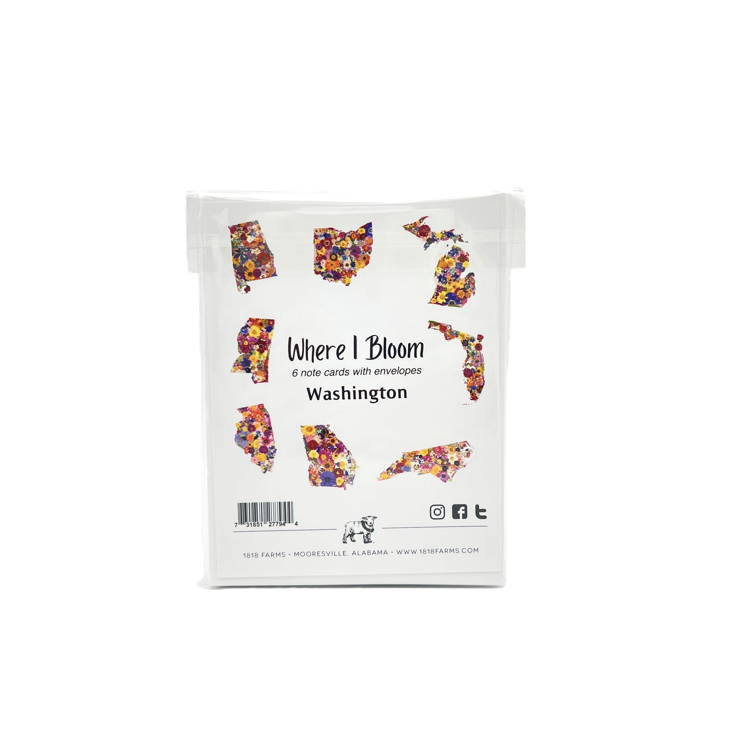 Washington Themed Notecards (Set of 6) - "Where I Bloom" Collection Notecard 1818 Farms