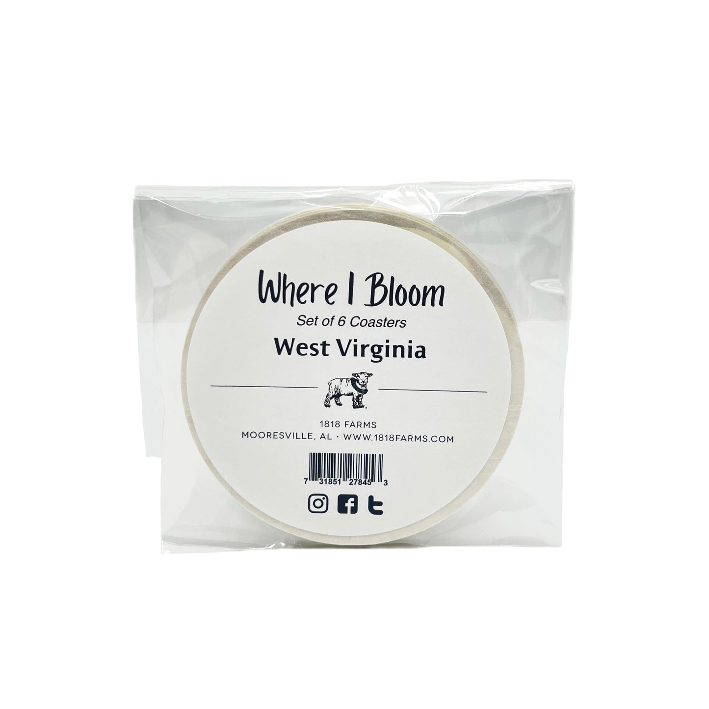 West Virginia Themed Coasters (Set of 6) - "Where I Bloom" Collection Coaster 1818 Farms