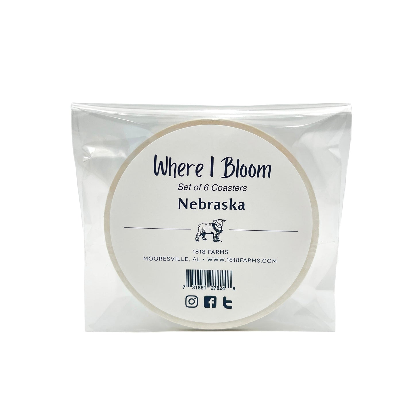 Nebraska Themed Coasters (Set of 6)  - "Where I Bloom" Collection Coaster 1818 Farms   