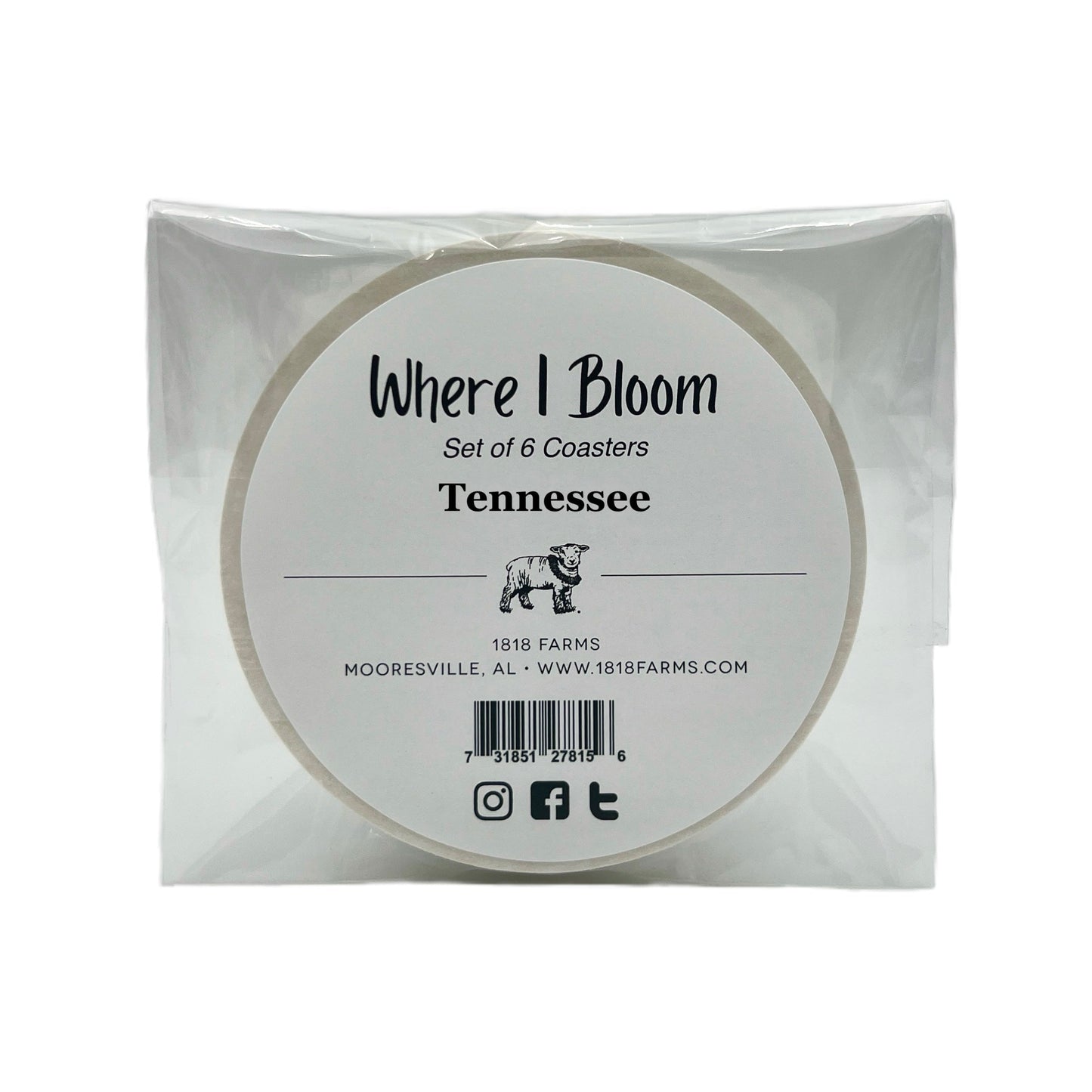 Tennessee Themed Coasters (Set of 6) - "Where I Bloom" Collection Coaster 1818 Farms   