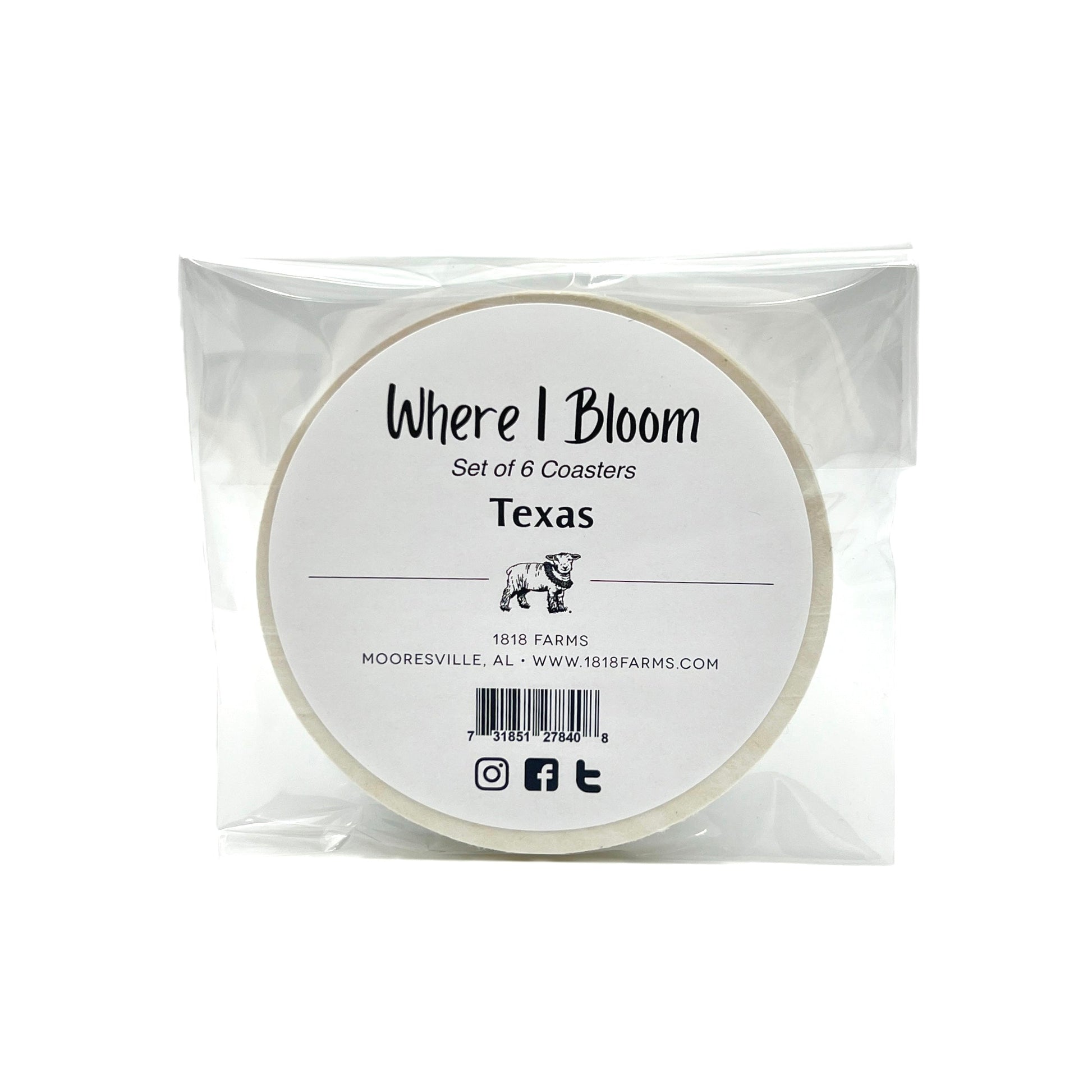 Texas Themed Coasters (Set of 6) - "Where I Bloom" Collection Coaster 1818 Farms   