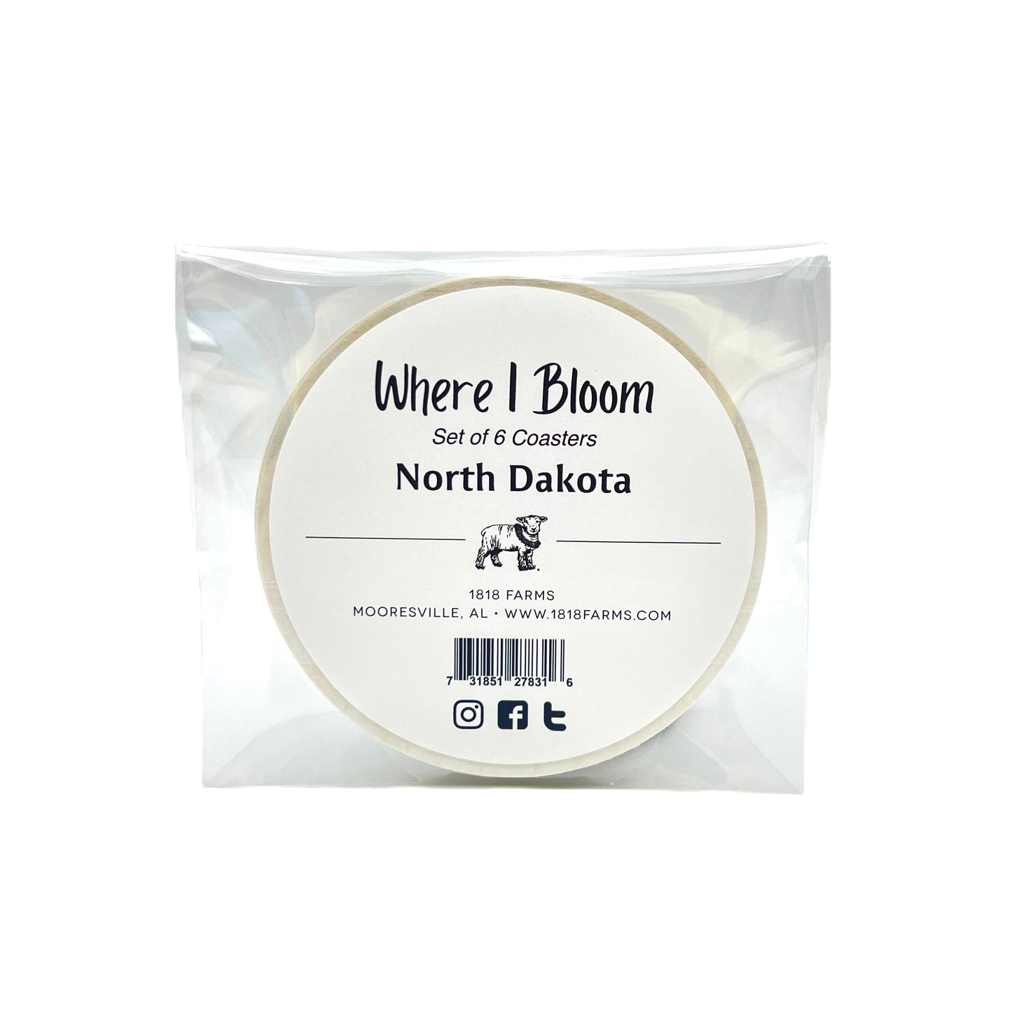 North Dakota Themed Coasters (Set of 6)  - "Where I Bloom" Collection Coaster 1818 Farms   
