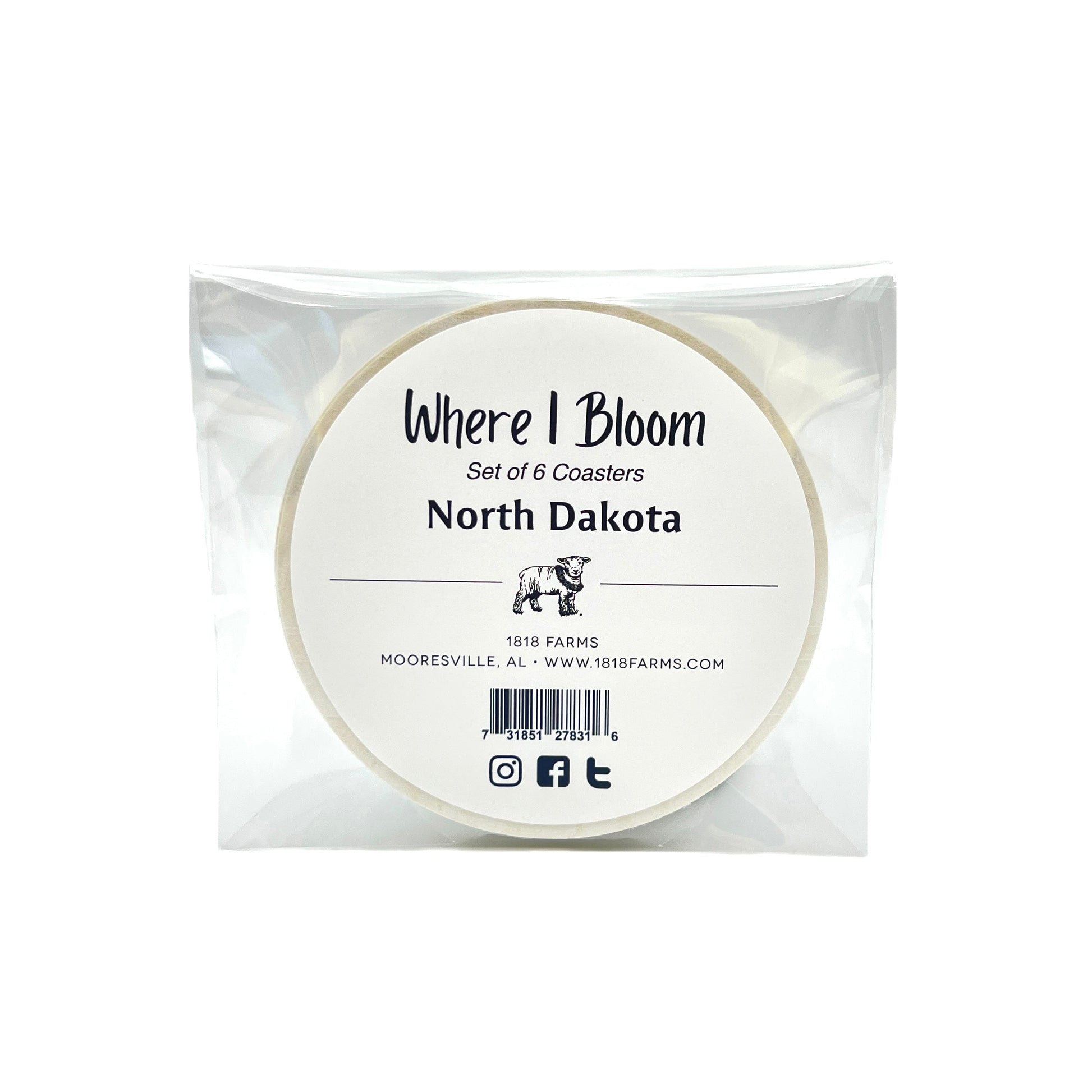 North Dakota Themed Coasters (Set of 6)  - "Where I Bloom" Collection Coaster 1818 Farms   